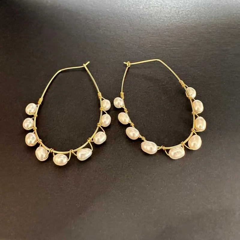 

Fashion Jewelry Minimalist Luxury Geometric Handmade Woven Twisted Irregular Freshwater Pearl Hoop Earrings for Women