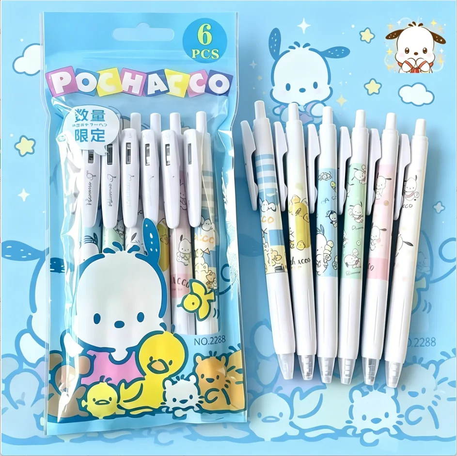 6Pcs/Pack Sweet Cartoon Retractable Pens for Writing Journal & Office Supplies Kawaii Pochacco Gel Pens Smooth Sturdy Durable