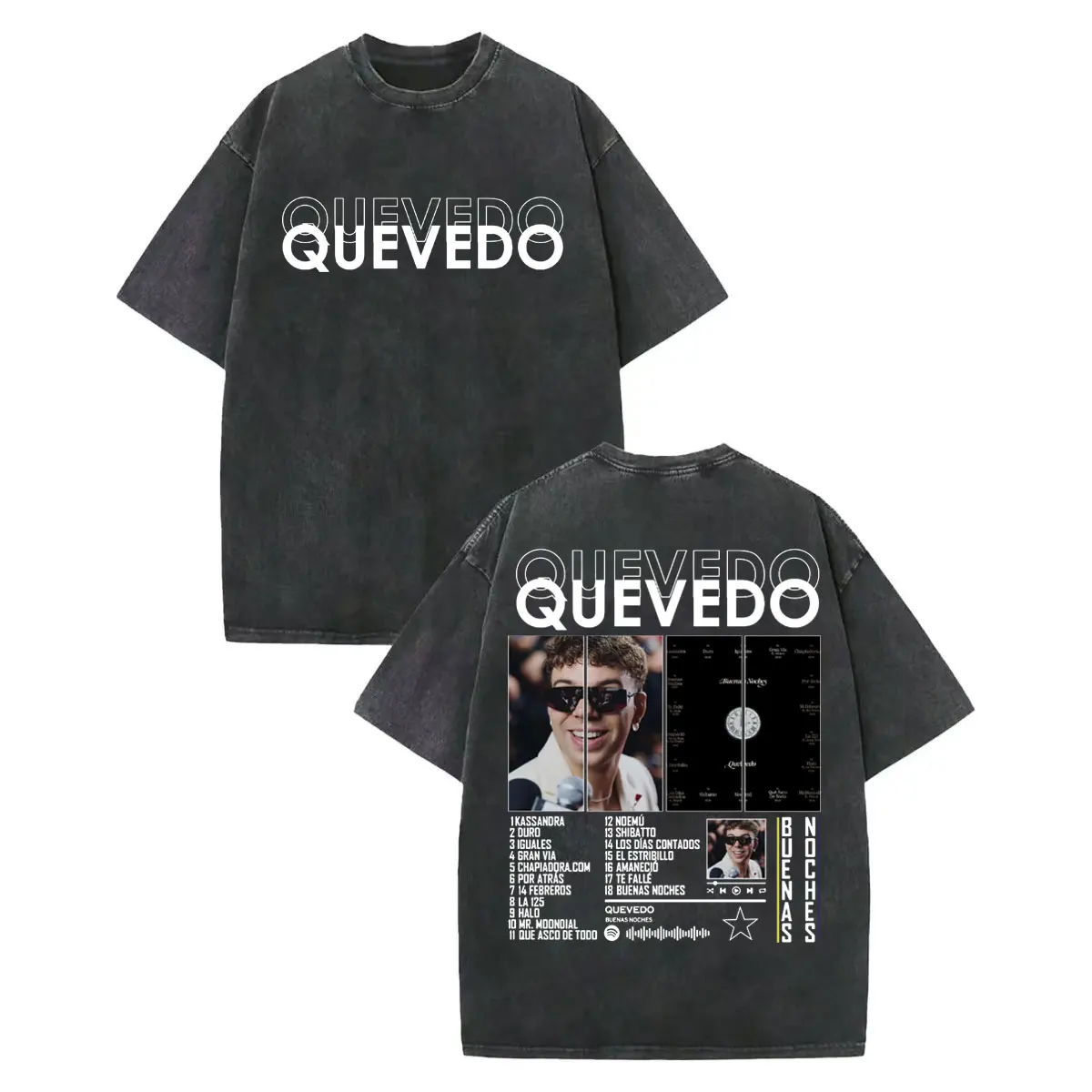 

Rapper Quevedo BUENAS NOCHES Album Merch T-shirt Fashion Hip Hop Vintage Washed T-shirts Men's Women's Casual Oversized T Shirt
