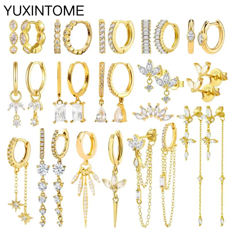 

White Color Zircon Hoop Earrings 925 Sterling Silver Needle Cross/Star/Flower/Water Drop Pendant Gold Earrings Luxury Jewelry