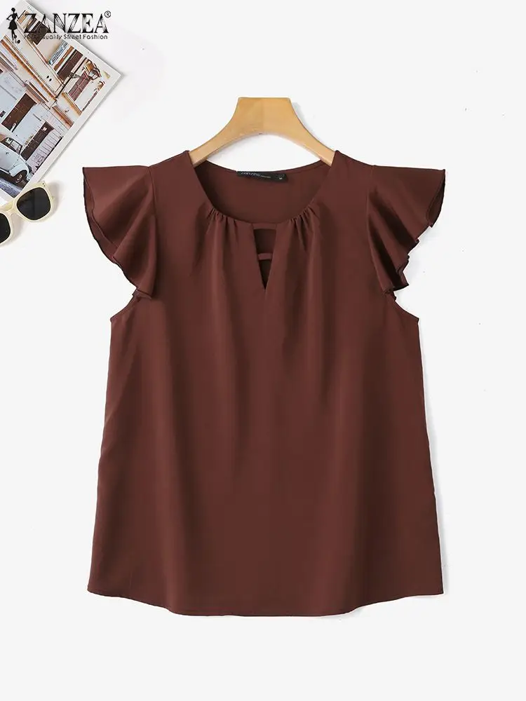 ZANZEA Women Chic Hollow Out Blouse Fashion Ruffled Short Sleeve Tops Elegant Fashion Office Blusas 2024 Summer Round Neck Tunic
