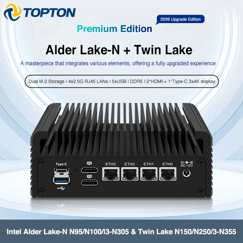 Topton Fanless Firewall Mini PC Intel i3 N355 N305 N150 N95 4x2.5G LANs DDR5 NVMe IOT Mini Computer NAS PC Home Server Host