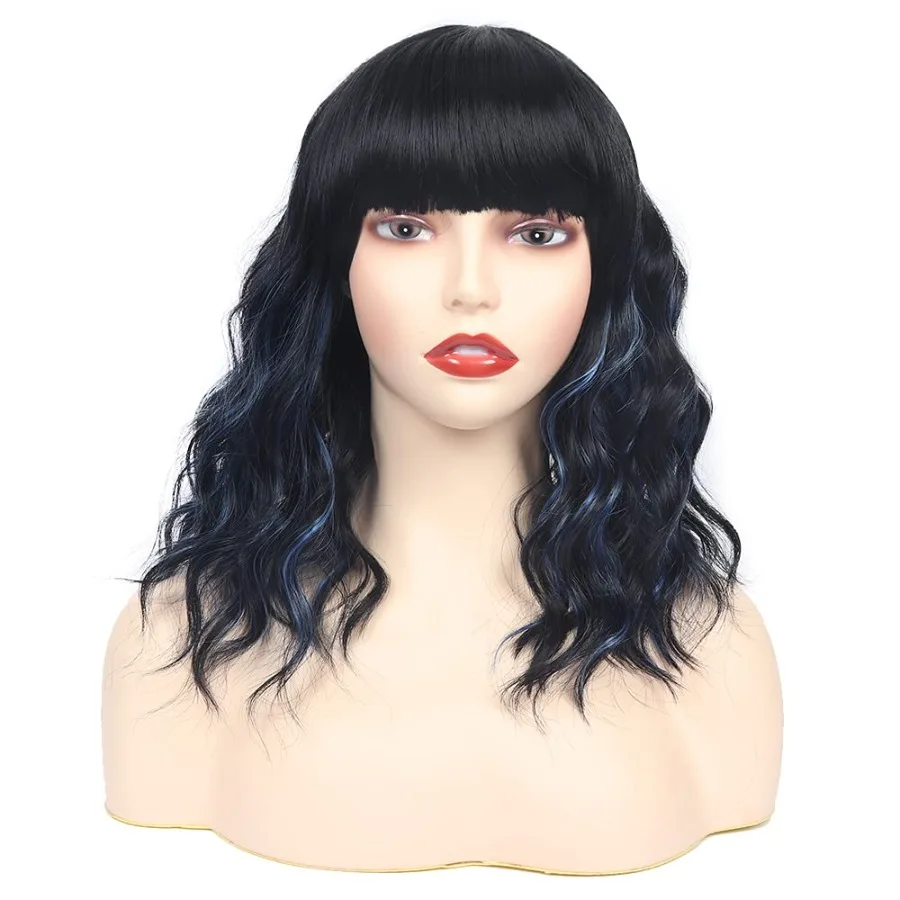 باروكات قصيرة مجعدة مع الانفجارات للنساء 14 بوصة شعر مستعار مموج من الألياف الاصطناعية المقاومة للحرارة للارتداء اليومي كاجوال وF