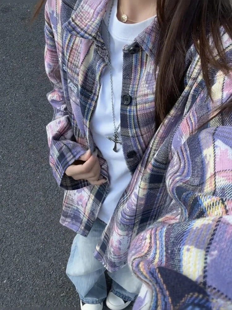

Purple Dyed Plaid Long Sve Men's irt Early Autumn Couple's Che Design American Thin Outerwear Loose Fit Casual irt