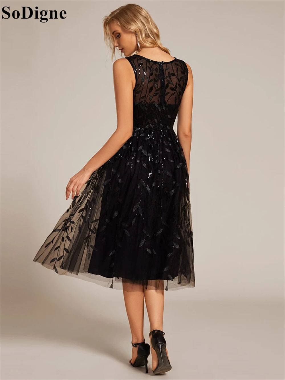 SoDigne Elegant Black Tulle Evening Dresses A-Line Lace Appliques O-Neck Pleated Party Dress Tea Length Prom Gowns Customized