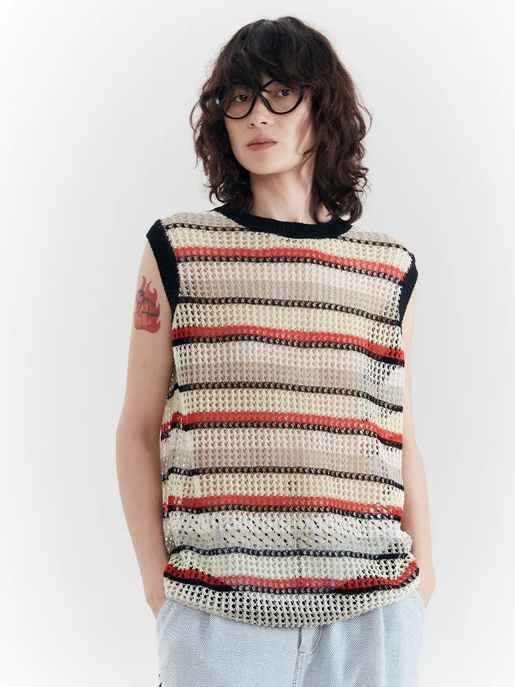 

Женский вязаный жилет в полоску, оригинальный дизайн, прямой крой, хлопок и шелк, летняя модная женская одежда