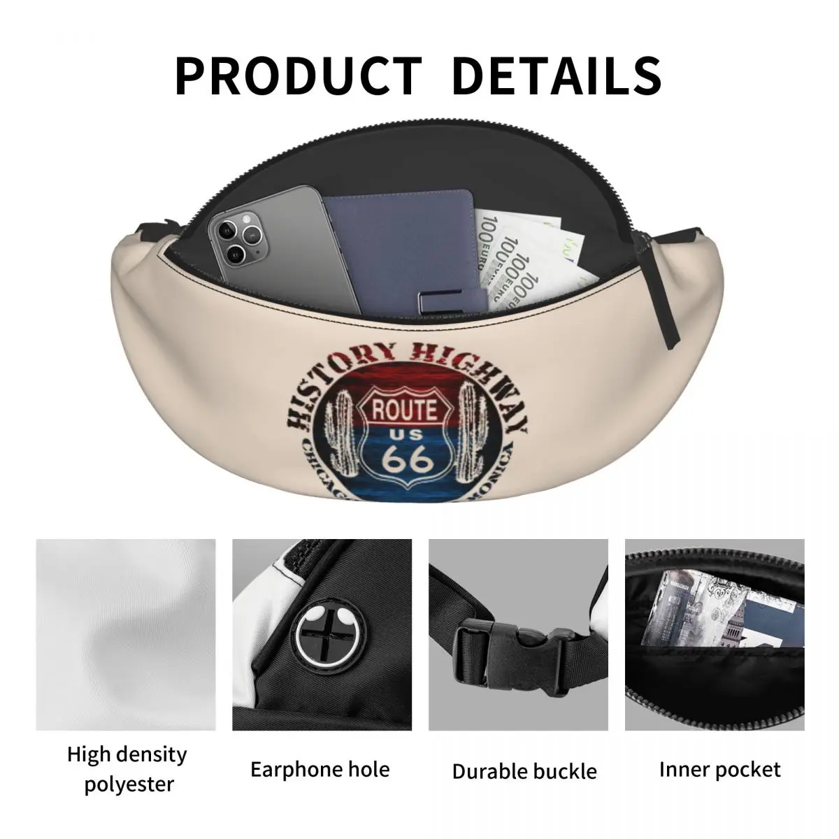 Casual Route 66 America Road Fanny Pack para homens e mulheres, Vintage Trip Crossbody, bolsa de cintura para correr, bolsa de dinheiro para telefone