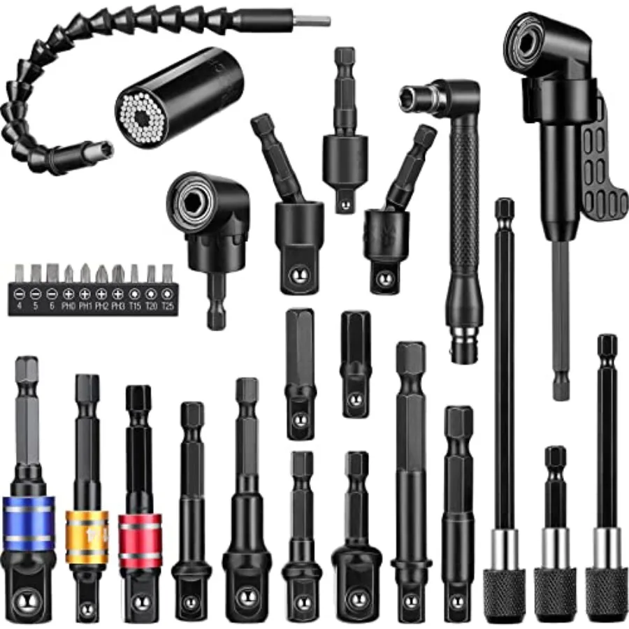 

32 Pieces Flexible Drill Bit Extension Set Including 105° Right Angle Drill Attachment 1/4 3/8 1/2 Inch Hex Adapter Socket Bend
