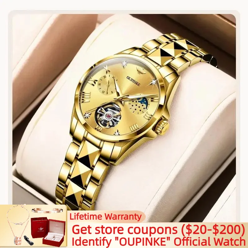 

OUPINKE 3202 Luxury Self-winding Ladies' Watches Elegant Dress Tungsten steel Sapphire Mirror Skeleton Automatic Women's Watches