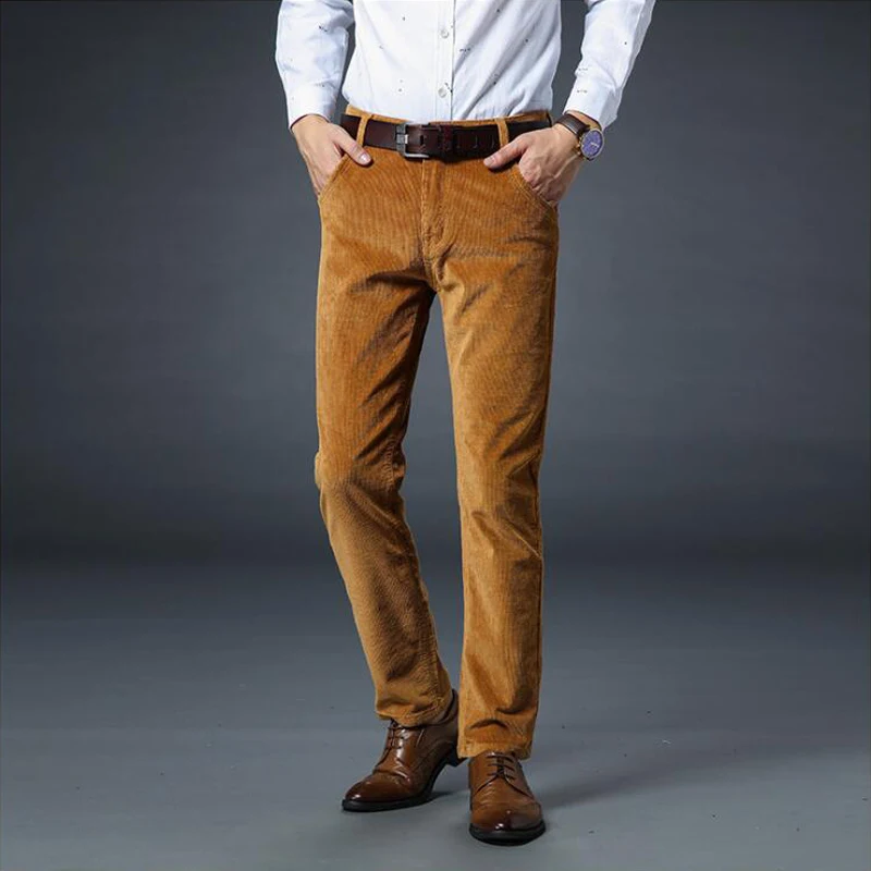 Autumn Winter Men Pants Khaki Black Straight Slim Warm Corduroy Pants Trousers Male Casual Business Jeans Men Overalls