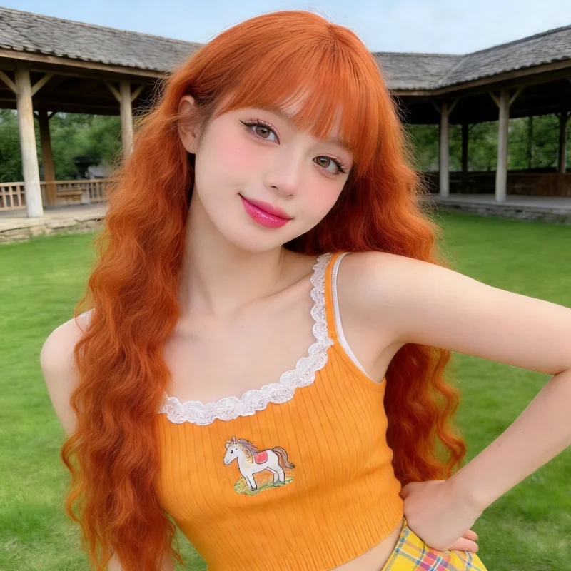 

Orange corn perm long for women, full headpiece, realistic hair with bangs, wool curly wig