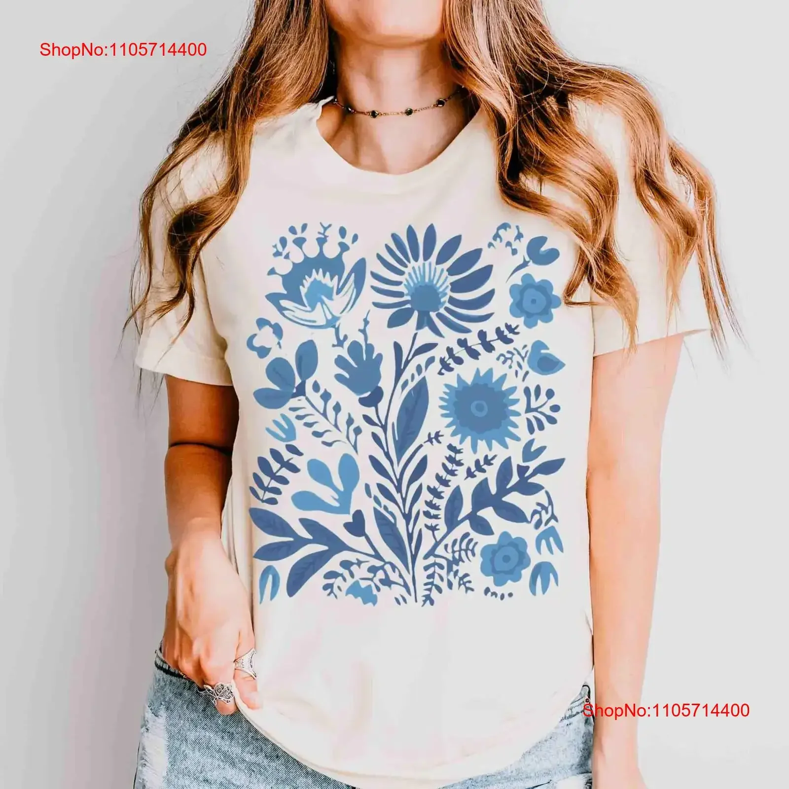 Blue Wild Flower T Shirt Hygge Preppy Stuff Ocean Inspired Style Coastal Granddaughter Folk ArT Linocut Granola Girl vintage