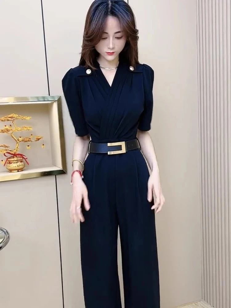 

Черный шифоновый комбинезон для женщин, летний, тонкий, с коротким рукавом, V-образным вырезом, широкими штанинами, модный повседневный костюм для дам