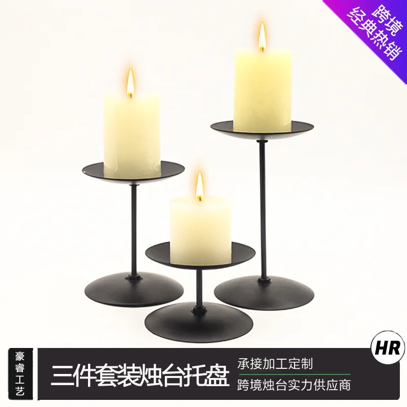 

Cross border amazon christmas candle holder matte black wrought iron diffuser candle holder vintage column wax tray iron wire