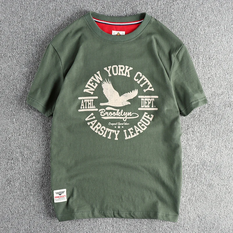 Summer New American Retro Short-sleeved O-neck Eagle Letter Printed T-shirt Men\'s Fashion 100% Cotton Washed Casual Sport Tops