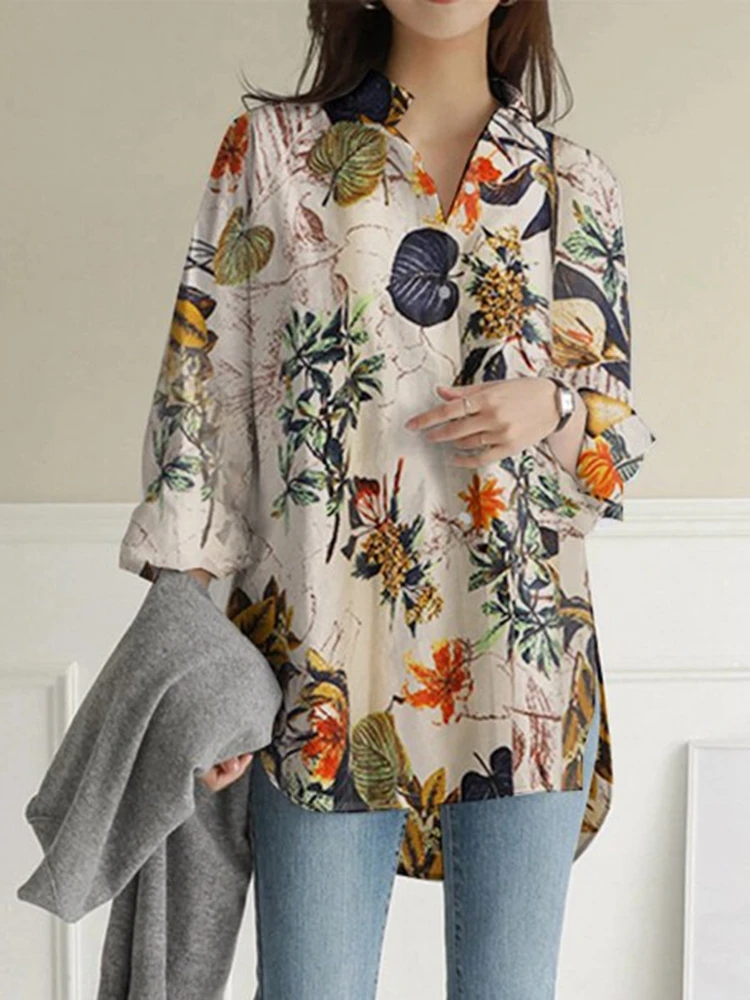 Spring and autumn large size long-sleeved cotton and linen fashion ladies\' lapel loose retro printed pocket casual shirt