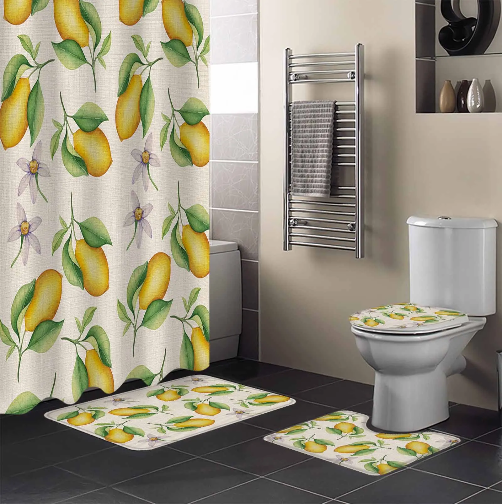 Lemon Watercolor Country Style Shower Curtain Set Non-Slip Rugs Bath Mat Toilet Lid Cover Waterproof Bathroom Curtain