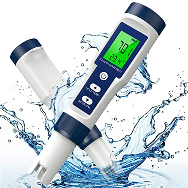 A60F-0-14 PH Meter 5 In 1 TDS/EC/SALT/TEMP/PH Meter For Drinking Water, Pool And Fish Tank