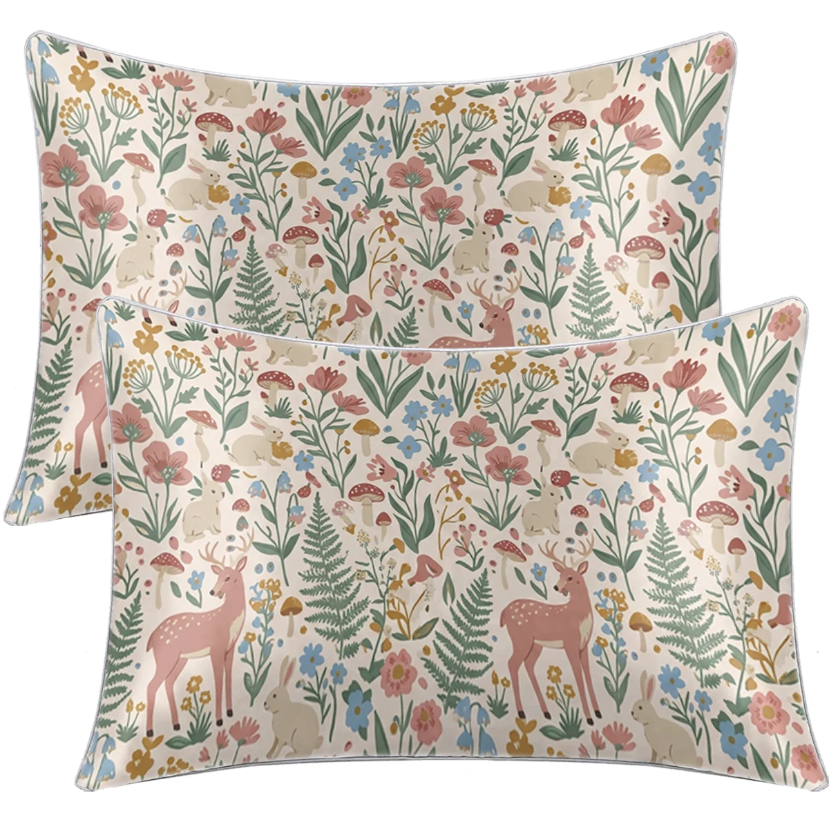 2PC Satin Pillowcase Silky Soft Fabric Deer Rabbit Wildanimal Wildflower Mushroom Bedroom Sofa Cottage Decor Envelope Cover