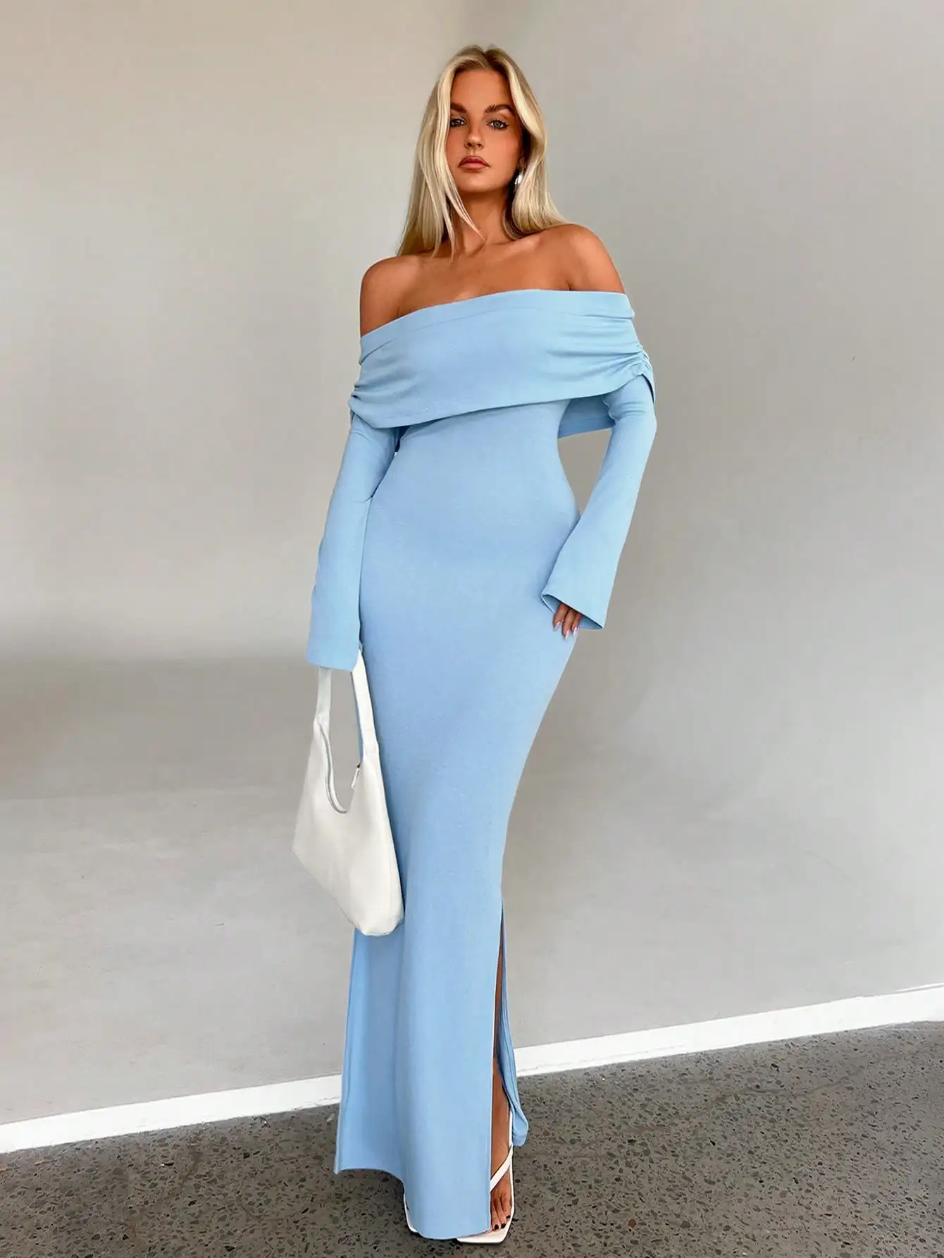 

Women's Off-Shoulder Ruched Long Sleeve Fitted Maxi Dress in Pastel Blue