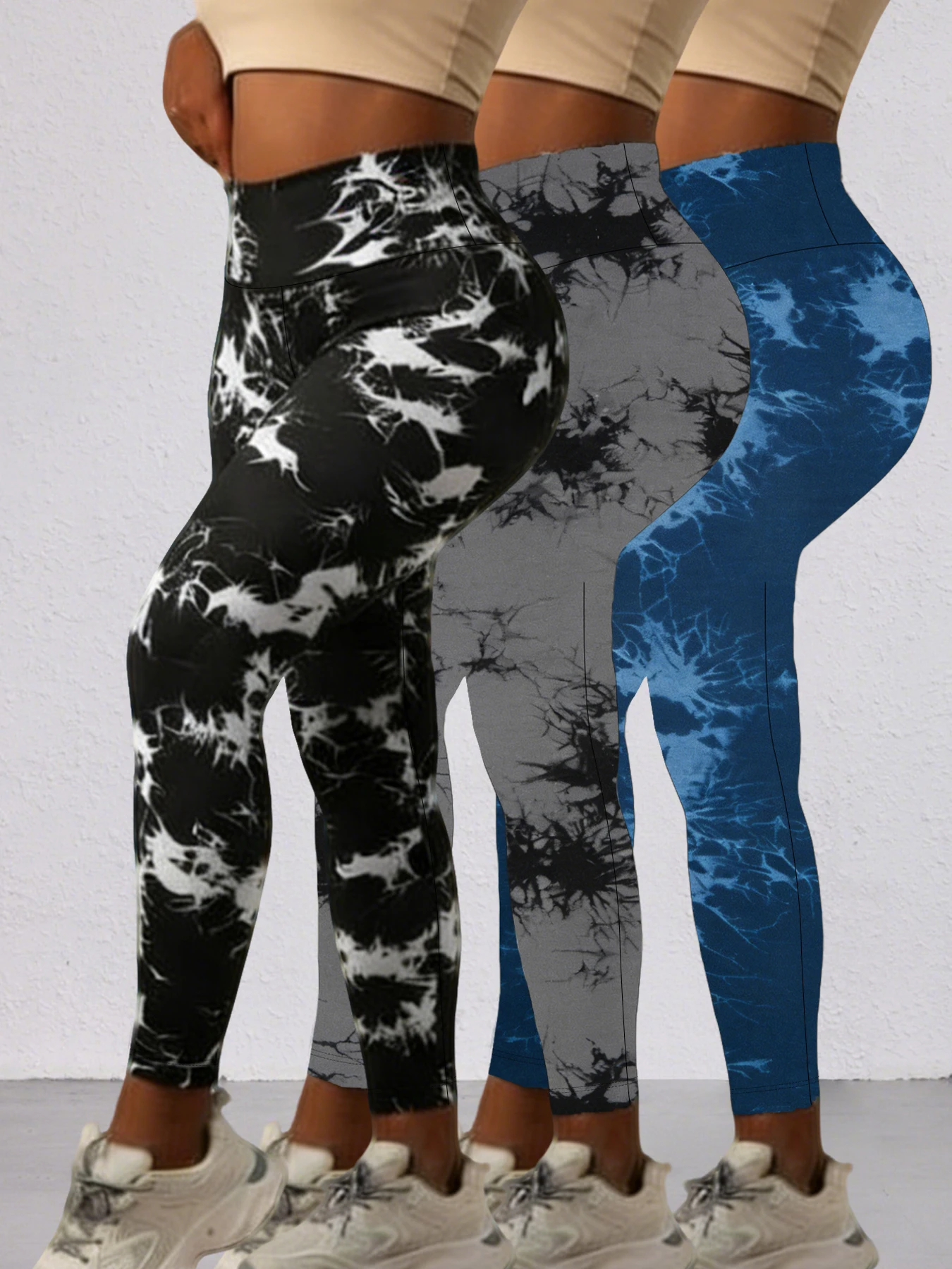 여성용 3팩 슈퍼 소프트 하이웨이스트 타이다이 스포츠 레깅스, 비침 방지 운동복, 러닝, 요가