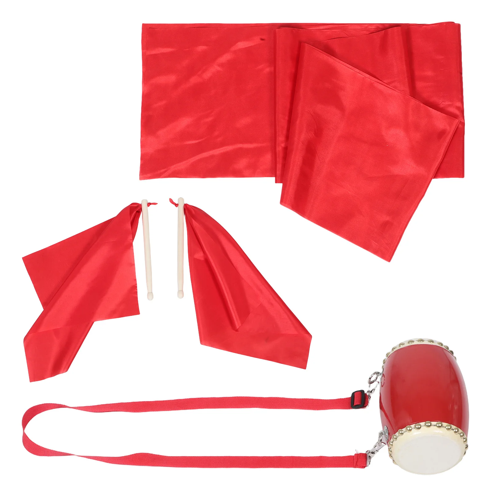 

Traditional Chinese Waist Drum Set Drumsticks Strap Scarf Long Cloth Durable Material Vibrant Color for Performance Celebration
