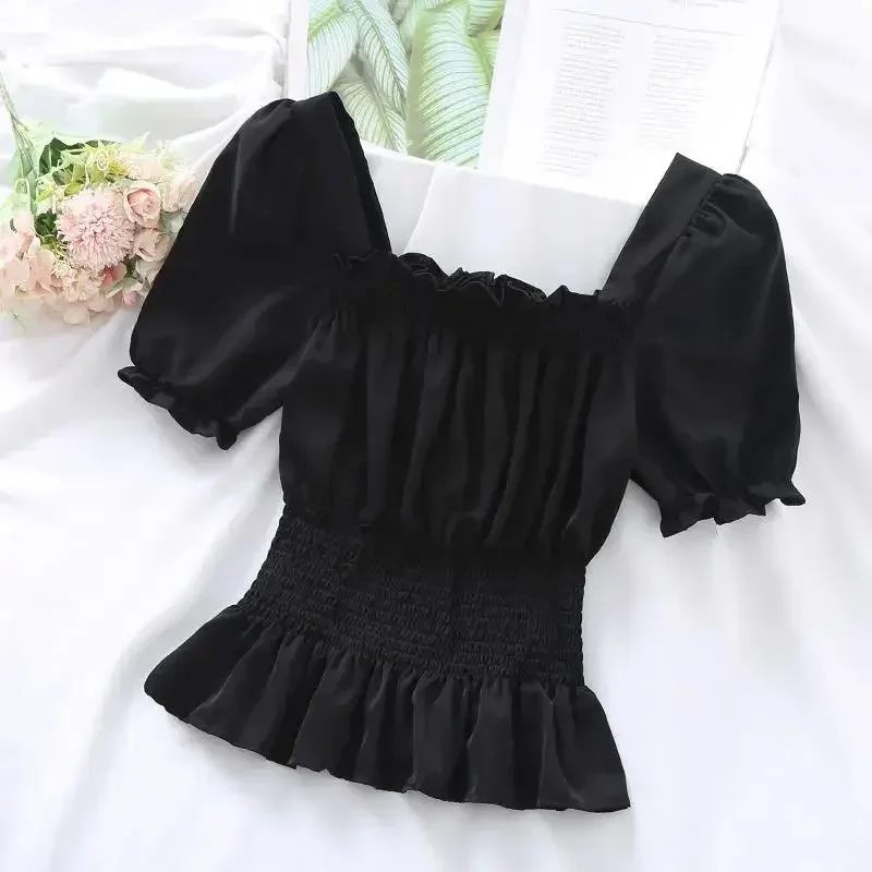 Short Chiffon Shirt Square Neck Top Puff Sleeve Design Women\'s Short Sleeve Thin Shirt  Womens Blouses Wholesale