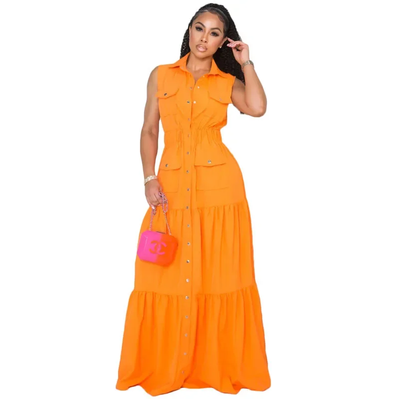 Summer Fashion Collar Single Breasted Women Elastic Waist Large Swing Dress Simple Solid Color Female Casual Long Dresses