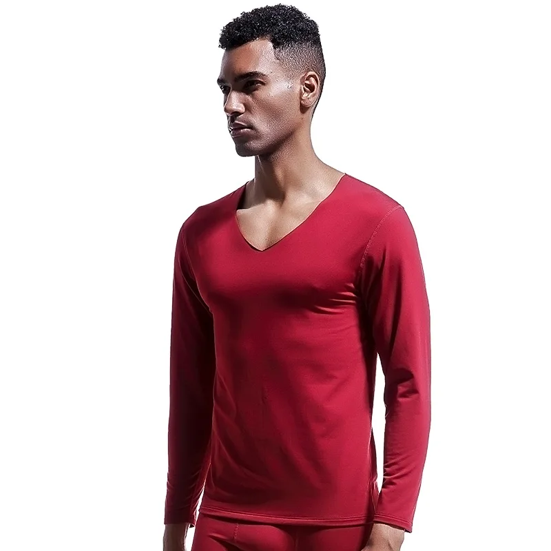 Men's Seamless Thermal Underwear Top V-Neck Winter Heating Fleece-Lined Slim Fit Thin Base Layer Autumn Cotton Shirt