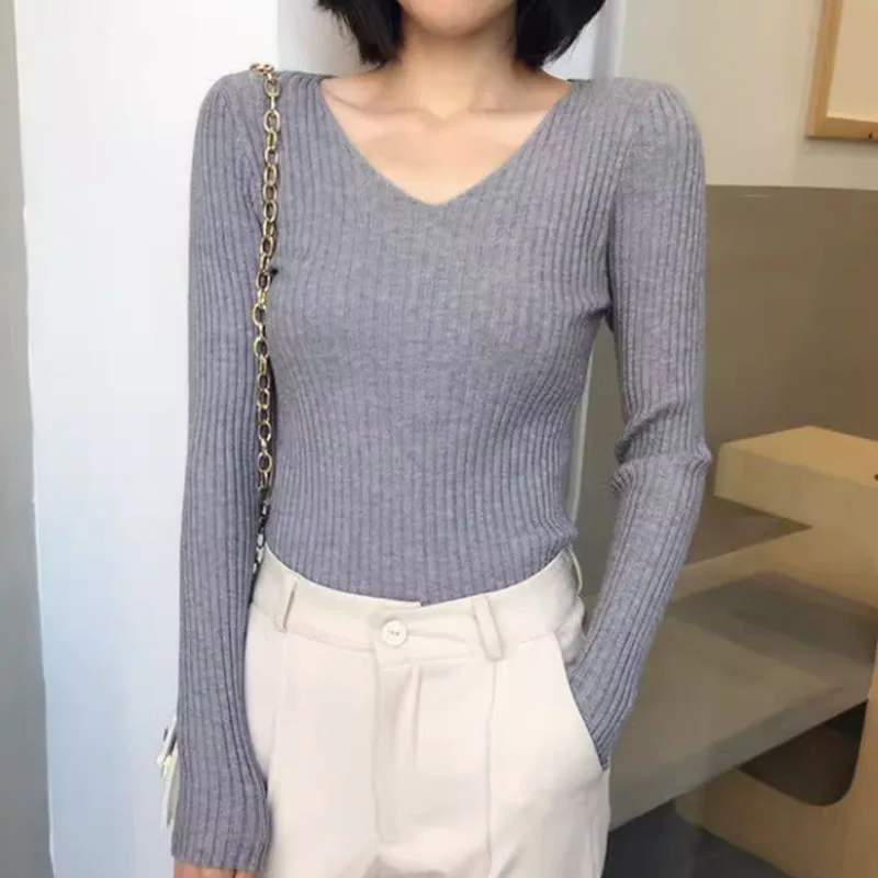 Knitted Sweater Women Pullovers New Long Sleeve V-Neck White Knit Sweater Pullover Women Tops Knitwears Sueters De Mujer Q1073