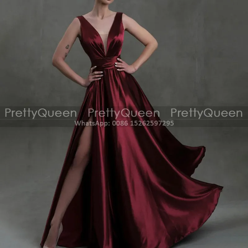 Burgundy A Line Bridesmaid Dresses Deep V Neck Sleeveless Side Split Long Customized Wedding Party Dress For Women