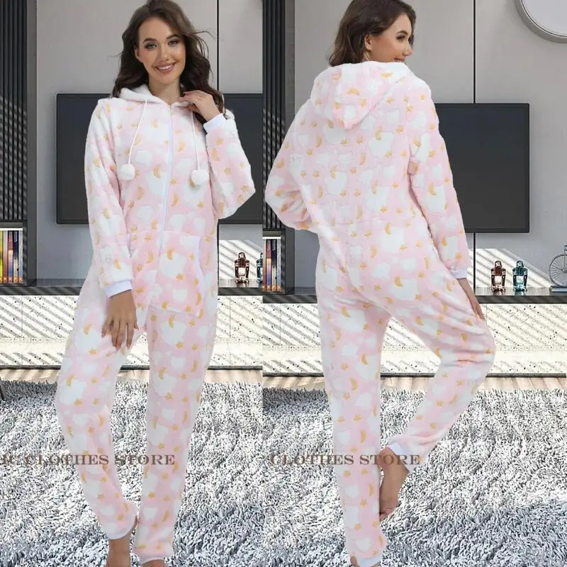 Hooded Long Sleeve Pijama Kigurumi Onepieces Sleepwear Thicken Cartoon Flannel Femael Jumpsuit Pajama Homewear Loose Lounge Wear