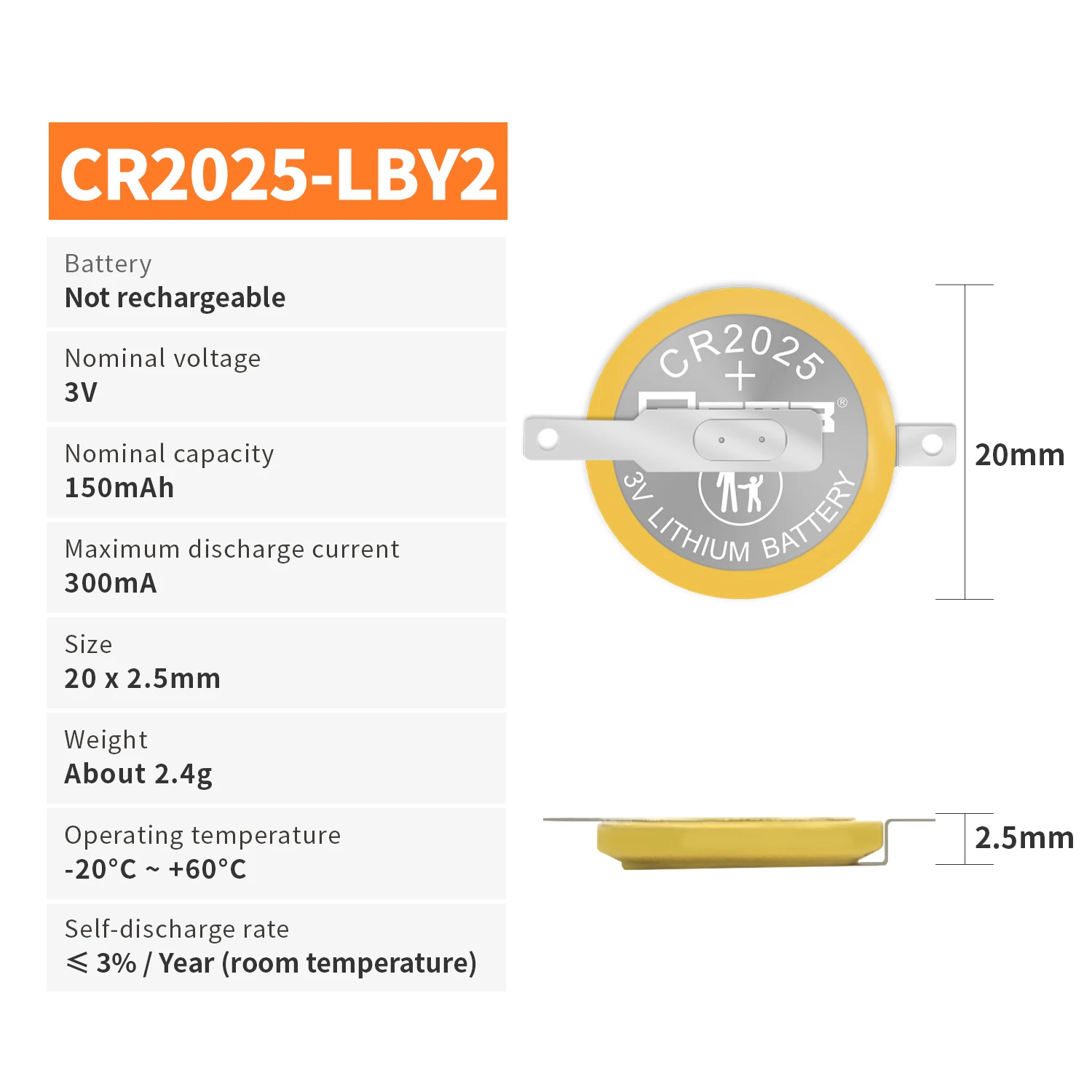 EEMB 10PCS CR2025 Battery With LBY2 Solder Tabs CR2025 Tabbed Battery Compatible with Gameboy Color Gameboy Advance game box