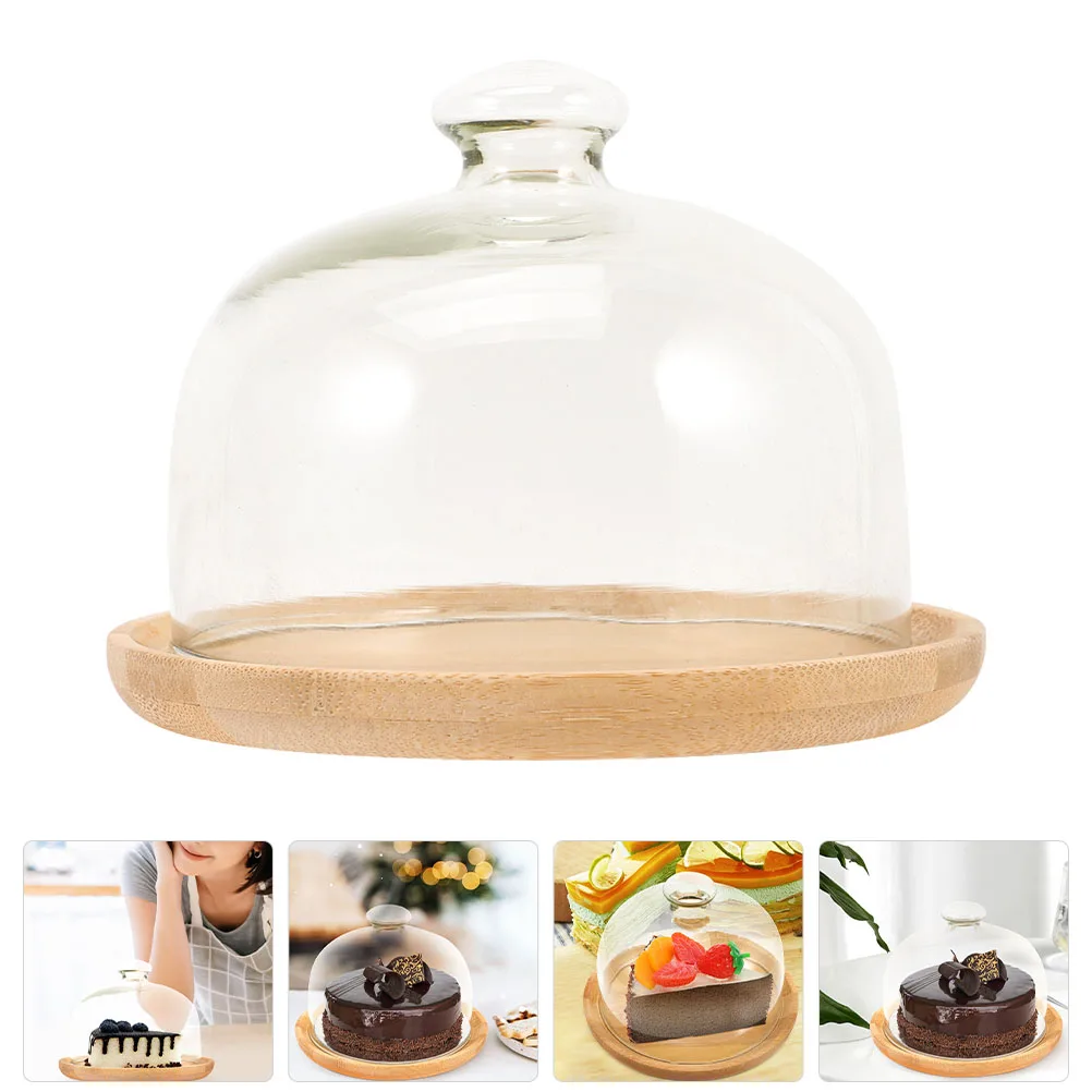 

1 Set Bamboo Cake Tray Glass Dome Multi-Function Dessert Plate Snacks Cakes Display Stand Party Wedding Household Storage Cover