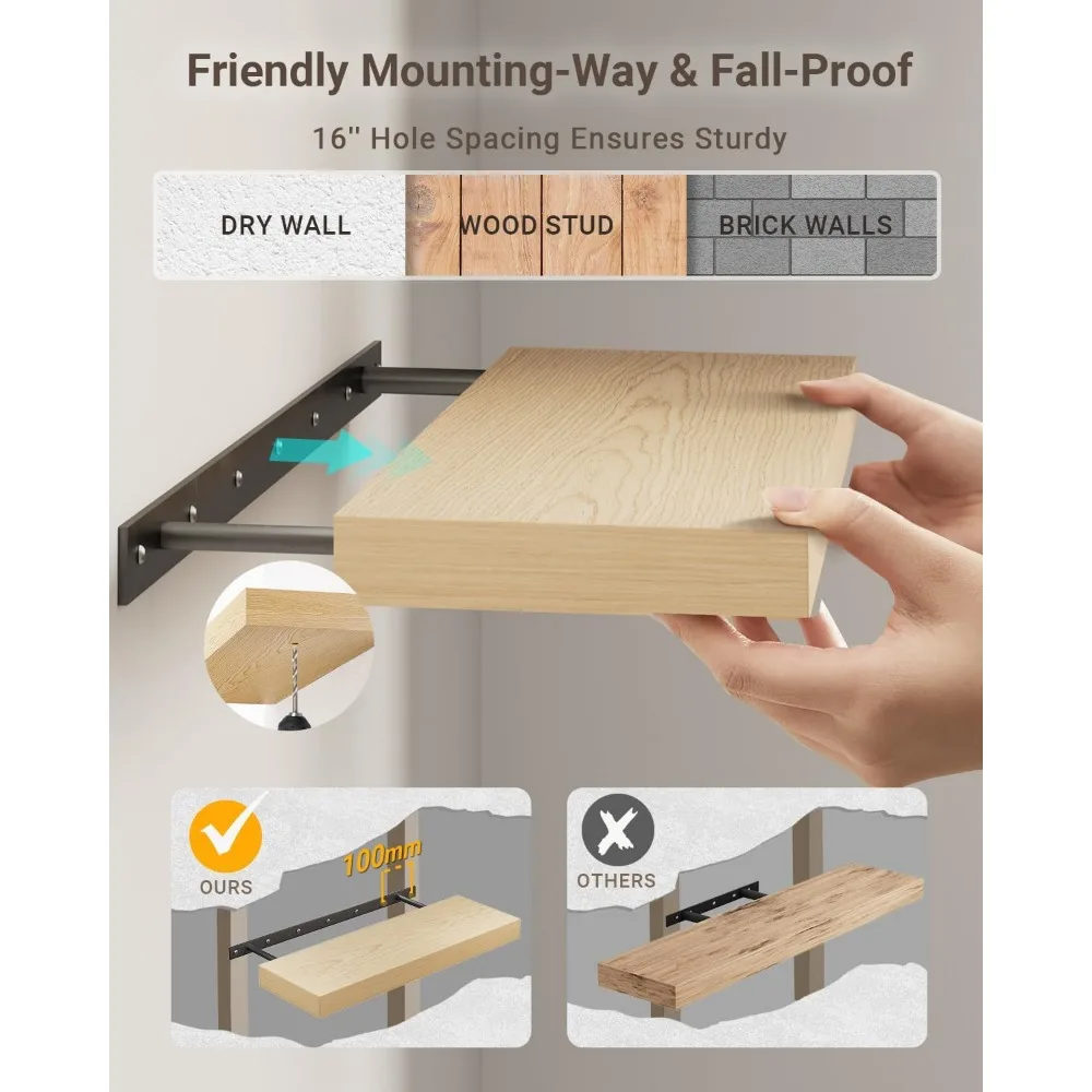 أرفف عائمة من خشب البلوط الأبيض للجدار، 2 رفوف عائمة من الخشب السميك المثبت على الحائط، 48 رفًا عائمًا طويلًا للمطبخ