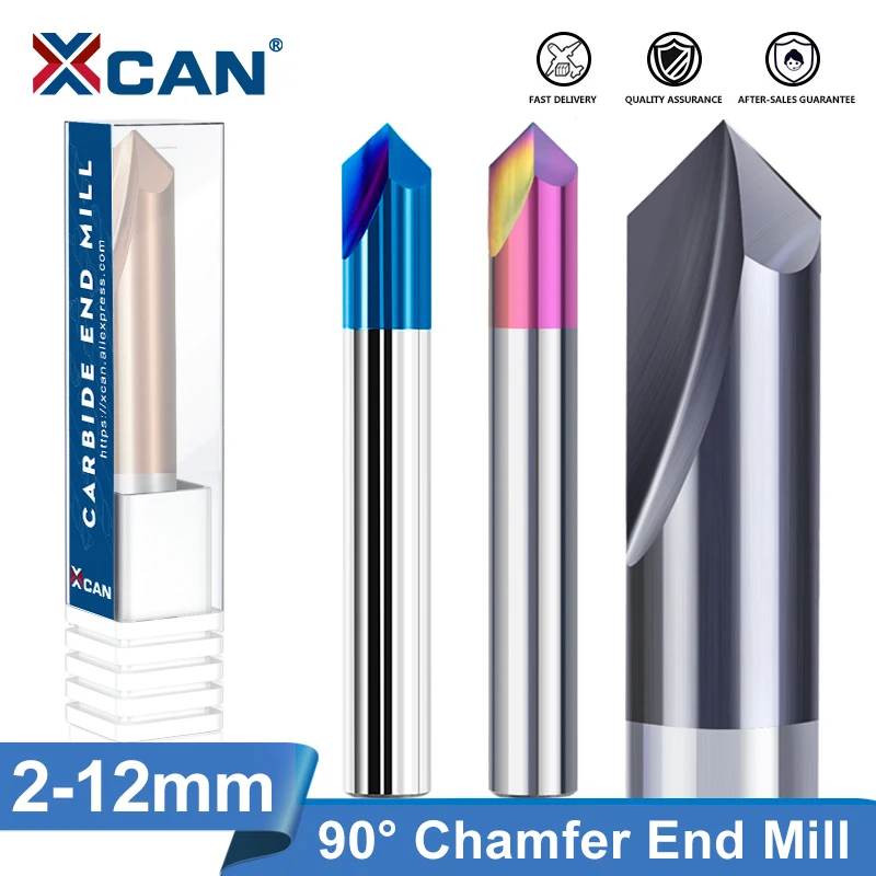 XCAN pah freze kesicisi 2-12mm 90 derece CNC makinesi yönlendirici Bit Nano mavi kaplamalı 2 flüt karbür uç frezesi araçları