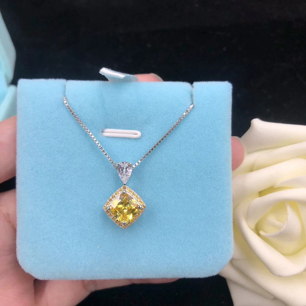 Beliebte solide 18 Karat Weißgold Anhänger 2ct gelb Kissen Diamant Verlobung Anhänger Halskette Frauen niedlichen Reises chmuck – Detail 7