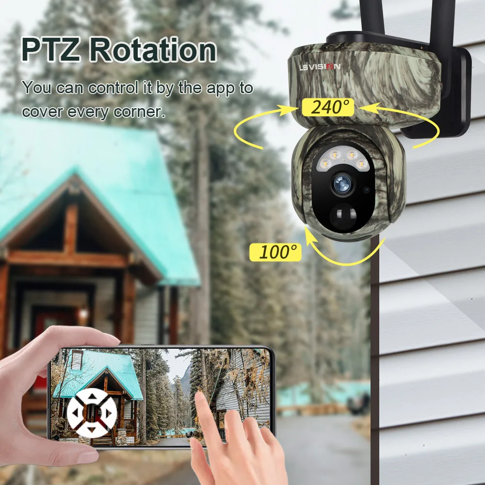 LS VISION 2K WIFI Solar Security Cameras Wireless Outdoor 360° Live View Animal Monitoring Camouflage Color Battery PTZ Cam