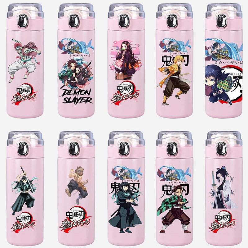Taza Termo con estampado de Demon Slayer de dibujos animados de Anime, botella de agua portátil de acero inoxidable de 400Ml, taza de agua para acampar a prueba de fugas, regalo