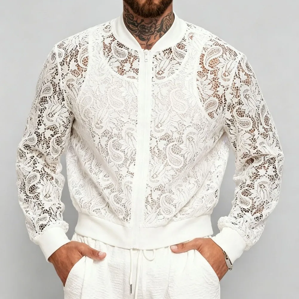 Men's See Through Mesh Jacket with Geometric Hollow Out Lace Embroidery Long Sleeve Full Zip Closure for Modern Looks