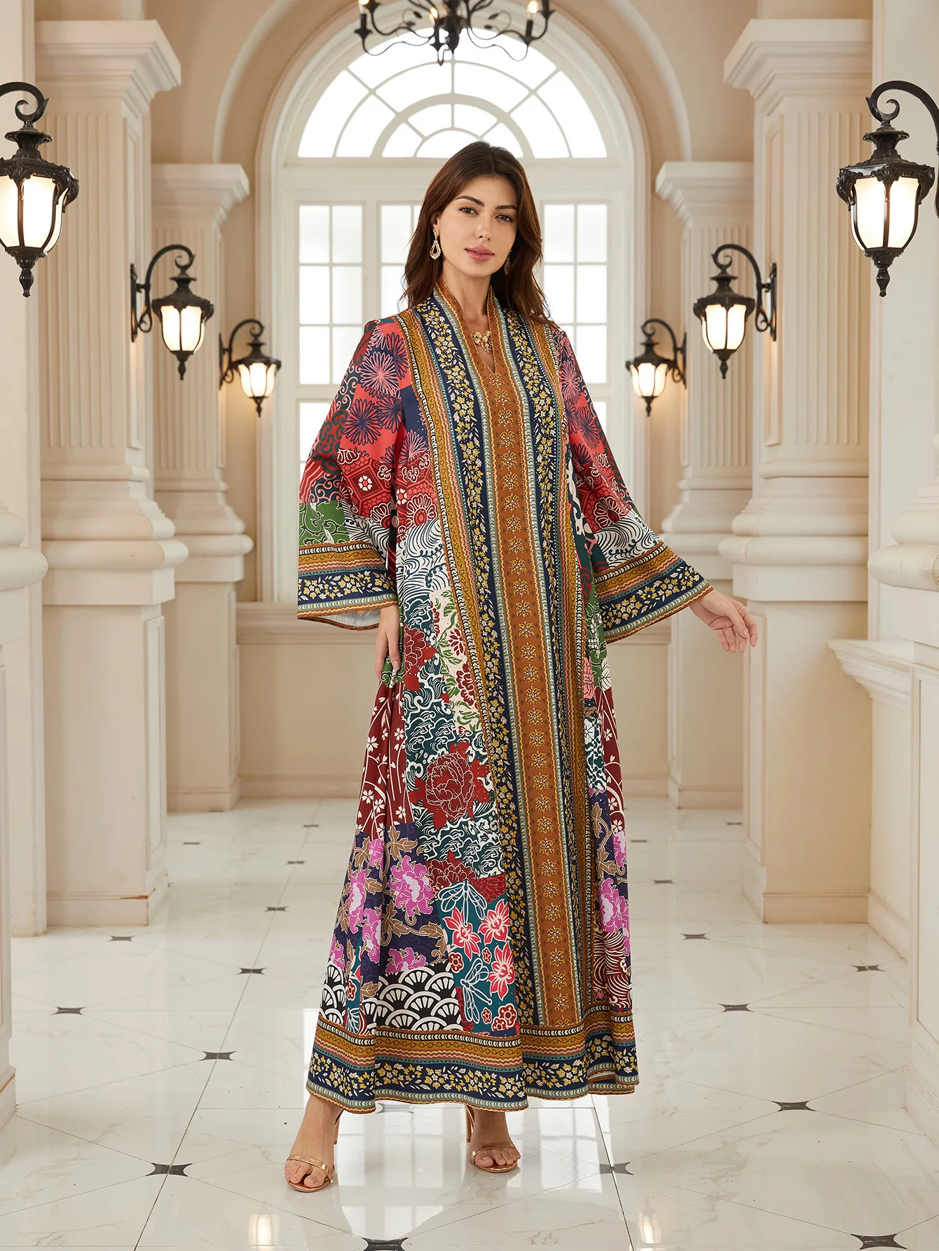 

Роскошное платье с глубоким V-образным вырезом и цветочным принтом, свободное струящееся платье в пол, традиционная ближневосточная джалабия