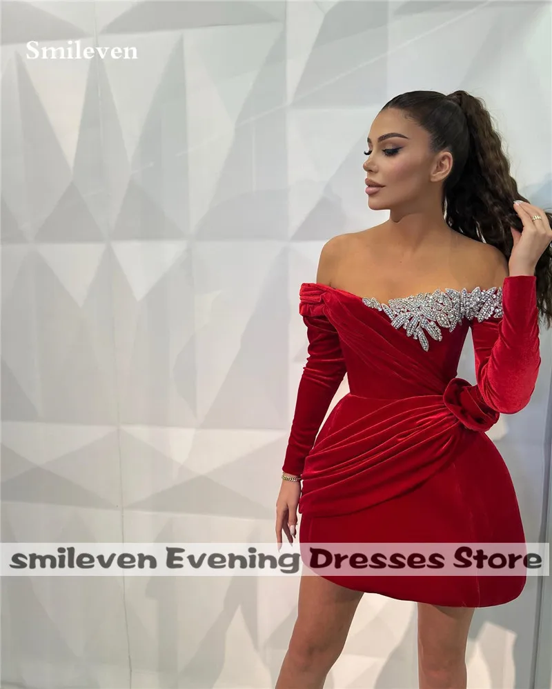Smileven Burgundy Velvet Short Evening Dresses Beading Long Sleeve Mini Saudi Arabia Robe De Soirée Party Prom Dress Customized
