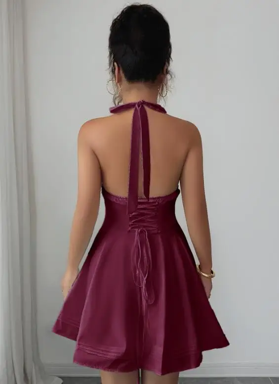 Estate 2025 nuove donne alla moda ed elegante temperamento colletto appeso gonna principessa gonna corta abito abbigliamento donna