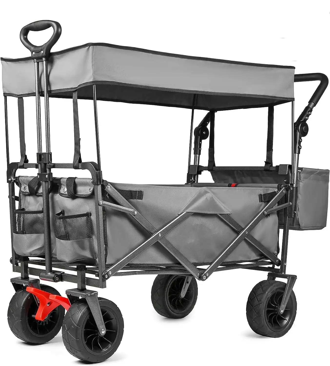 

Collapsible Canopy Wagon, Outdoor Foldable Garden Cart With Adjustable Push Pulling Handles, Big Wheels