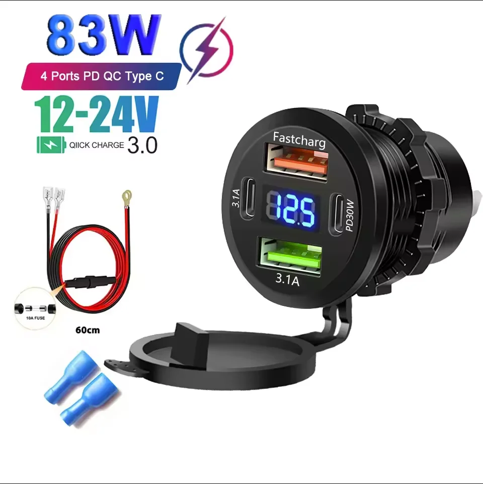 NEW 120W Dual PD Dual QC 3.0 USB Car Charger with Voltmeter Socket Power Outlet Adapter Waterproof for 12V/24V Car Boat Hot Sale
