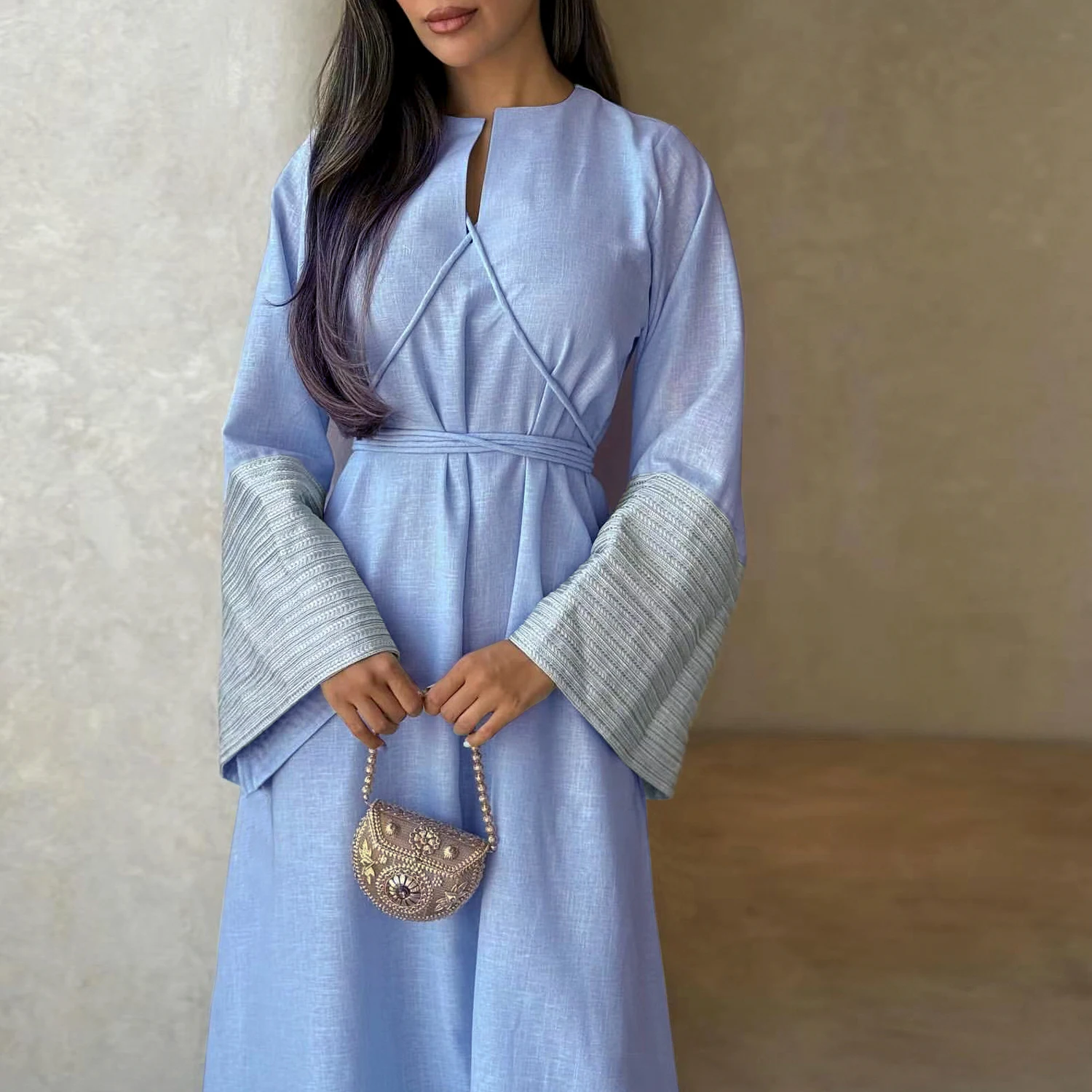 Light Blue V-Neck Long Sleeve Muslim Abaya with Striped Cuff & Self-Tie Belt - Elegant & Breathable Maxi Dress for Women
