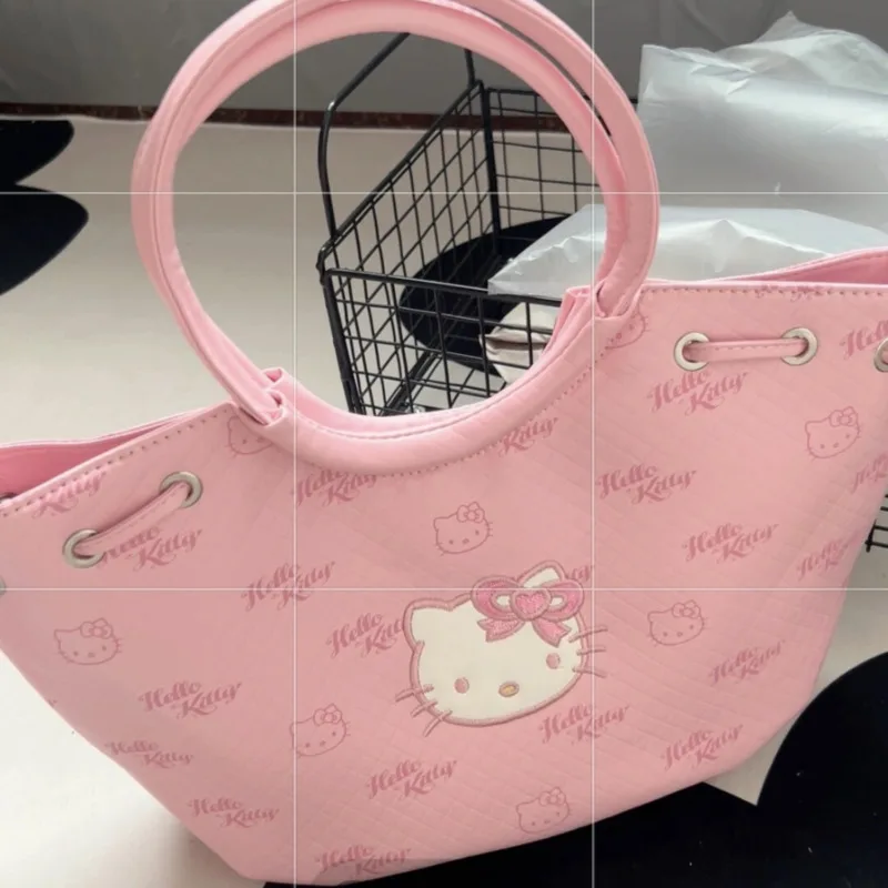 Hello Kitty Sanrio Y2k Shoulder Bag Kawaii Cartoon Embroidered Pink Handbag Casual PU Leather Large Capacity Tote Bags For Women