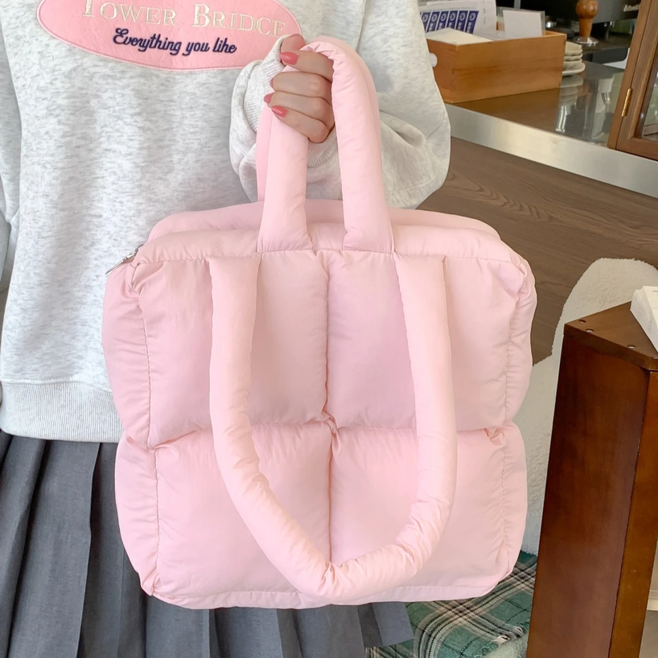 Cute Pink Puffer Tote Bag Women Soft Quilted Shoulder Bag Large Capacity Cloud Pillow Handbag Casual Lightweight Shopping Bags