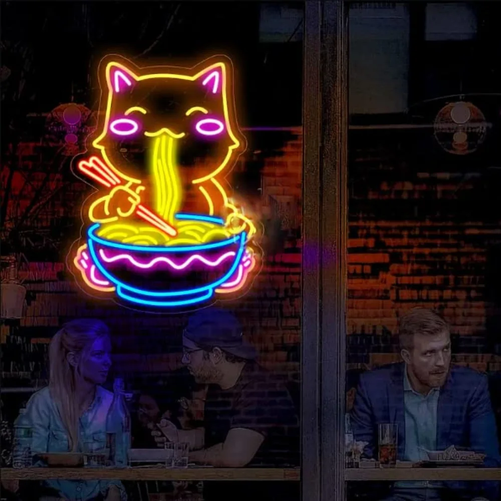 Cat Eating Noodles Neon Sign Custom Japanese Noodles Neon Light Anime Fortune Cat Led Neon Signs Restaurant Store Decor Light Up