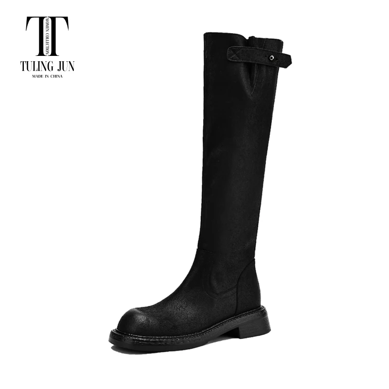 

TULING JUN 2024 Winter Mature Woman Round Head Knee-High Boots Solid Color Med Heels Zip Shoes For Female Concise T-KK10325